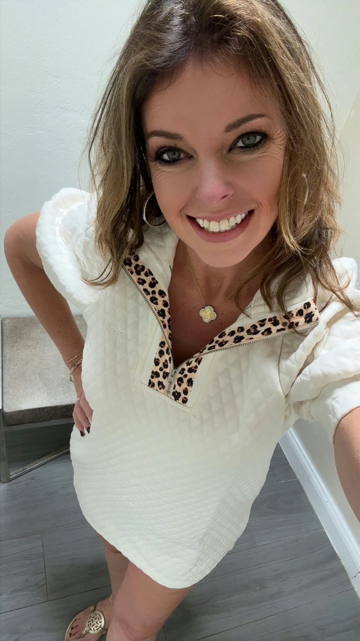 Zip Quilted Dress - Cream/Leopard