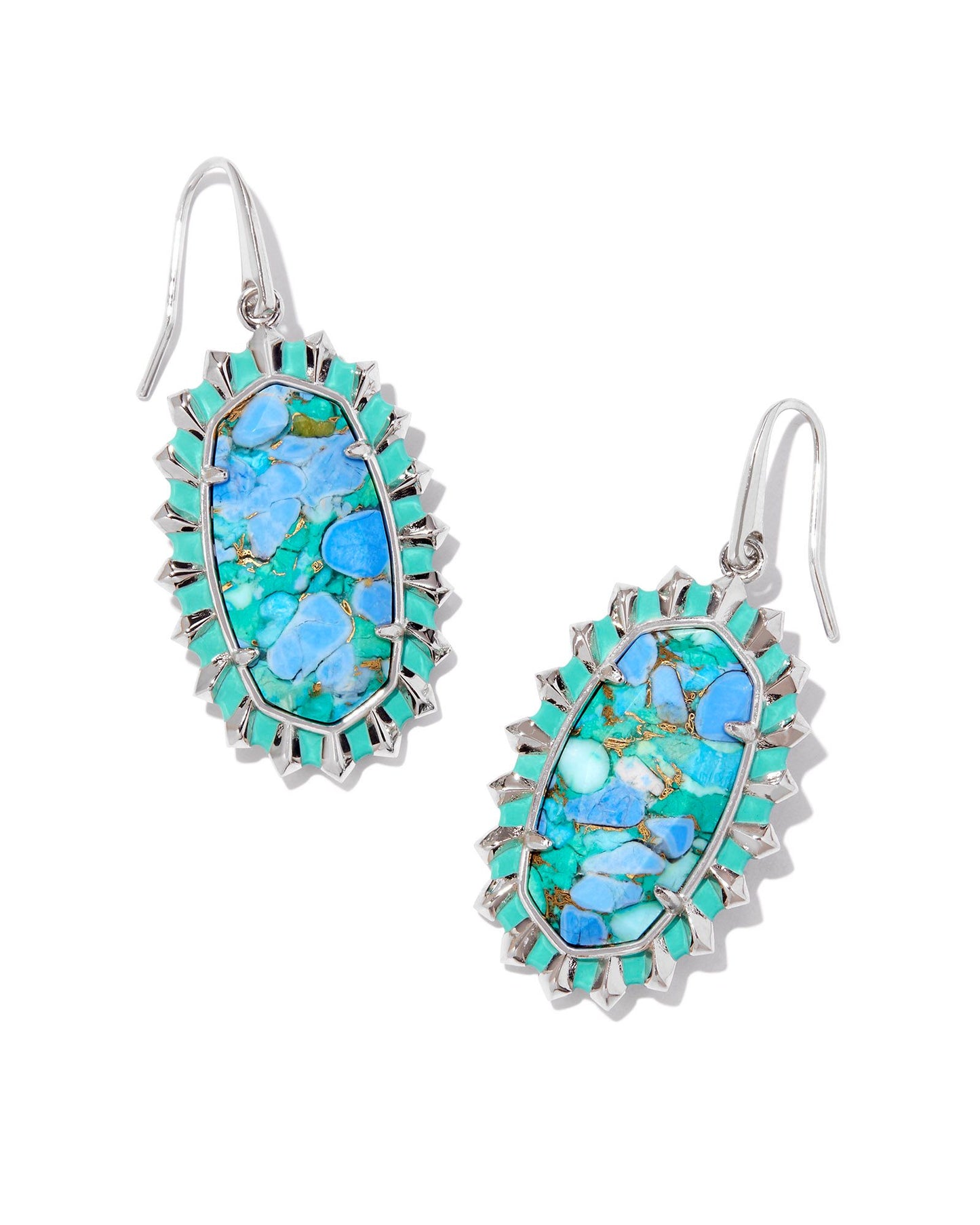 Dani Silver Color Burst Frame Drop Earrings in Bronze Veined Aqua Magnesite