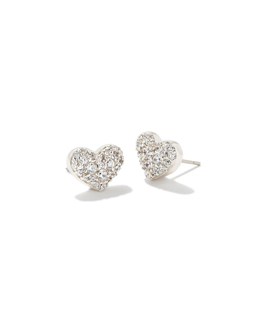 Ari Silver Pavé Crystal Heart Earrings in White Crystal