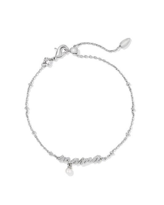 Mama Script Delicate Chain Bracelet in Silver White Pearl