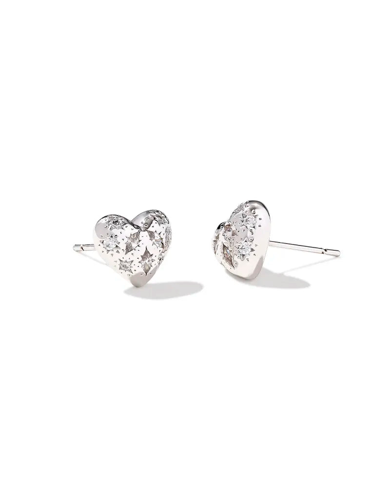 Holland Silver Heart Stud Earrings in White Crystal