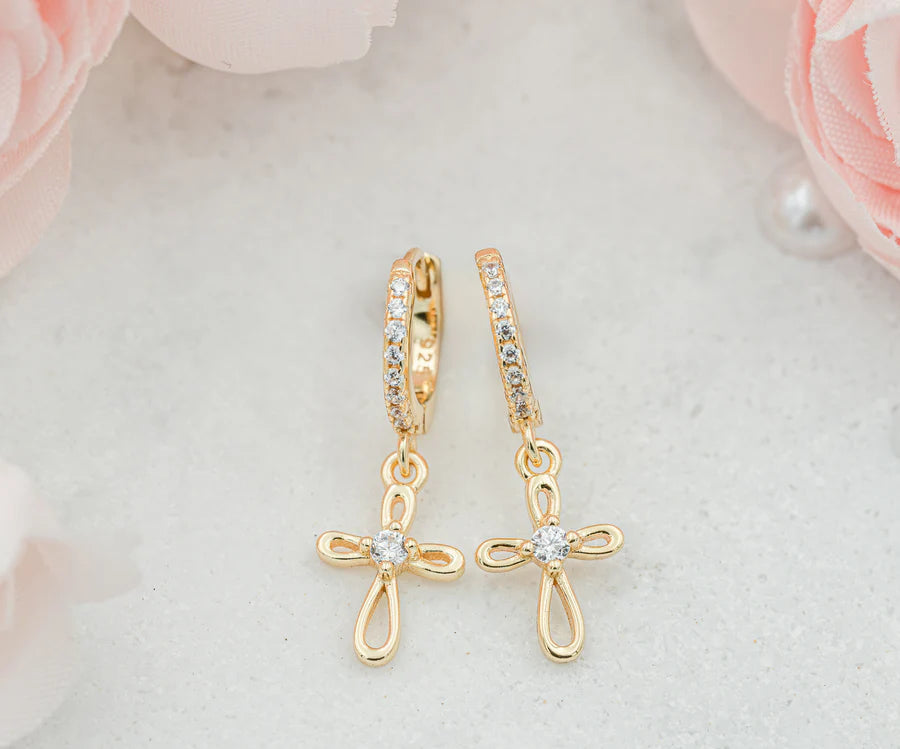 Children's 14K Gold-Plated Huggie Hoop Earrings with Cross - 10mm