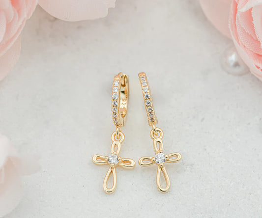 Children's 14K Gold-Plated Huggie Hoop Earrings with Cross - 10mm