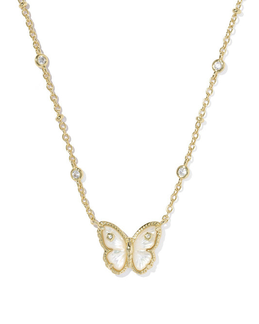 Cailey Butterfly Gold Short Pendant Necklace in Ivory Mother of Pearl