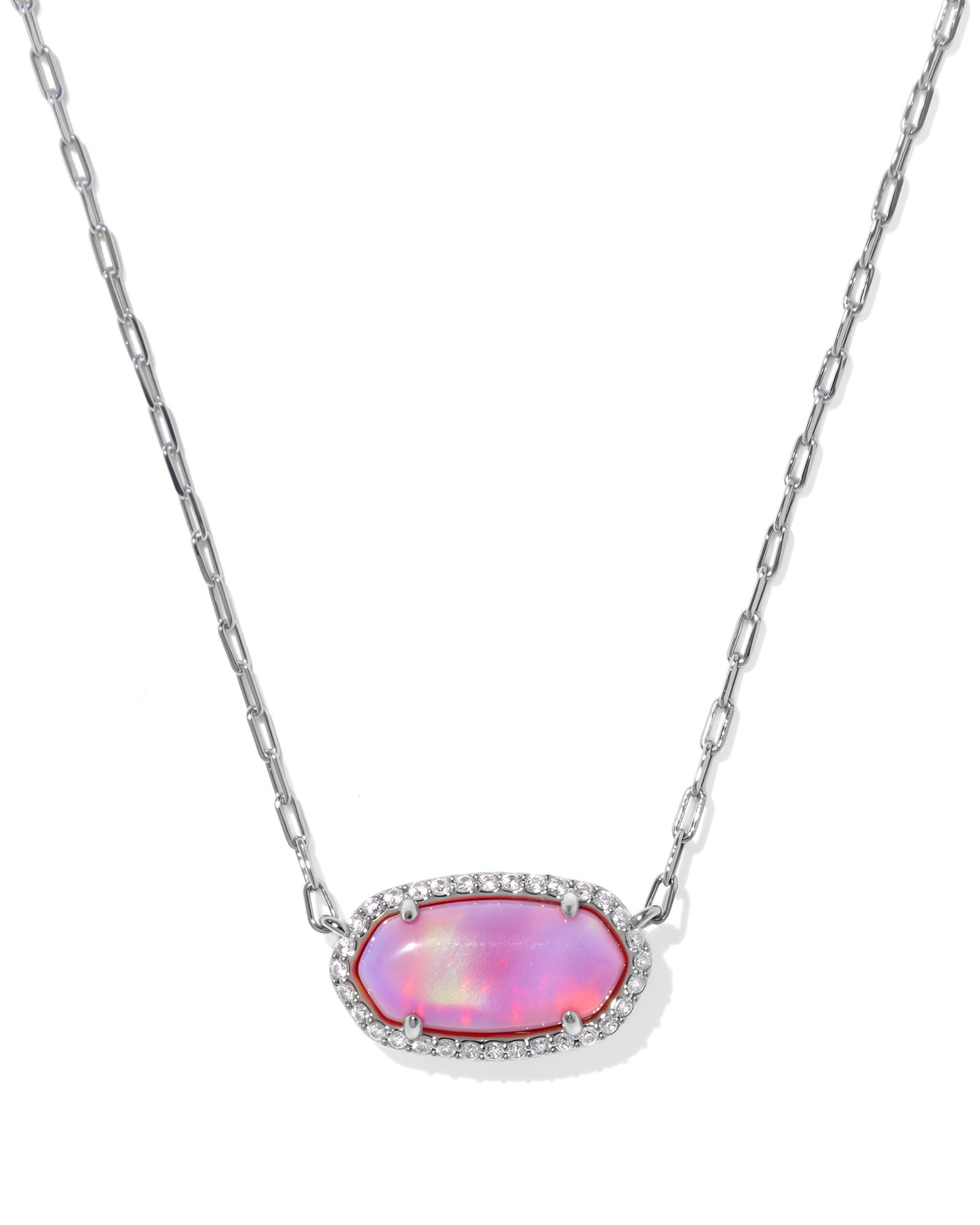 Elisa Pave Frame Silver Short Pendant Necklace in Pink Opalescent Resin