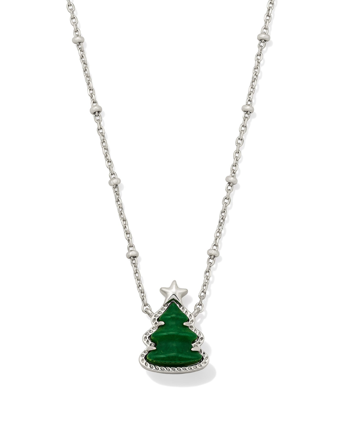 Holiday Tree Silver Short Pendant Necklace in Green Quartzite
