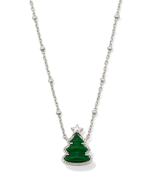 Holiday Tree Silver Short Pendant Necklace in Green Quartzite
