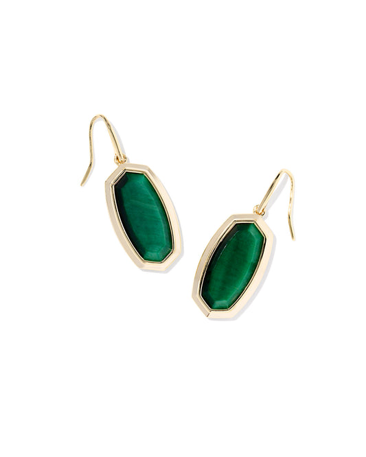 Dani Bezel Gold Drop Earrings in Green Tigers Eye