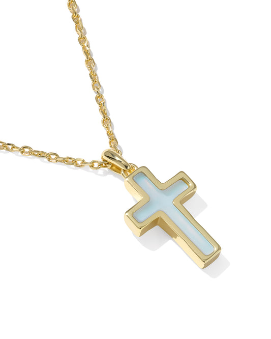 Cross Gold Pendant Necklace in Matte Light Blue Diachronic Glass