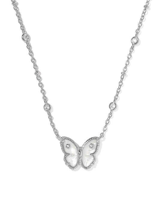 Cailey Butterfly Silver Short Pendant Necklace in Ivory Mother of Pearl