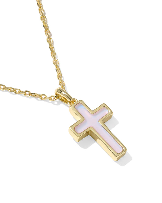 Cross Gold Pendant Necklace in Matte Pink Dichroic Glass