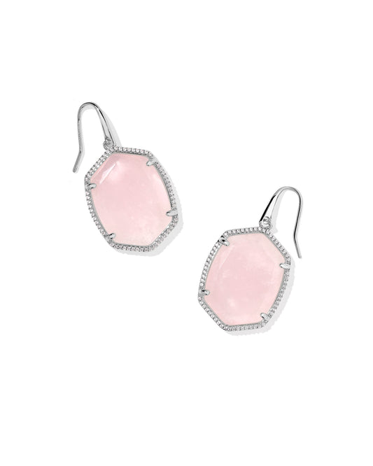 Daphne Silver Pave Frame Drop Earrings in Rose Quartz