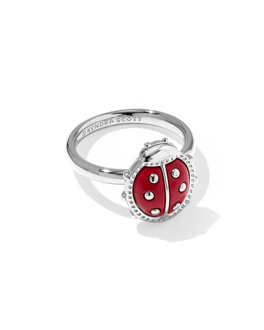 Ladybug Silver Band Ring in Red Vermillion Magnesite