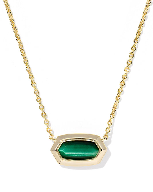 Elisa Bezel Gold Short Pendant Necklace in Green Tigers Eye