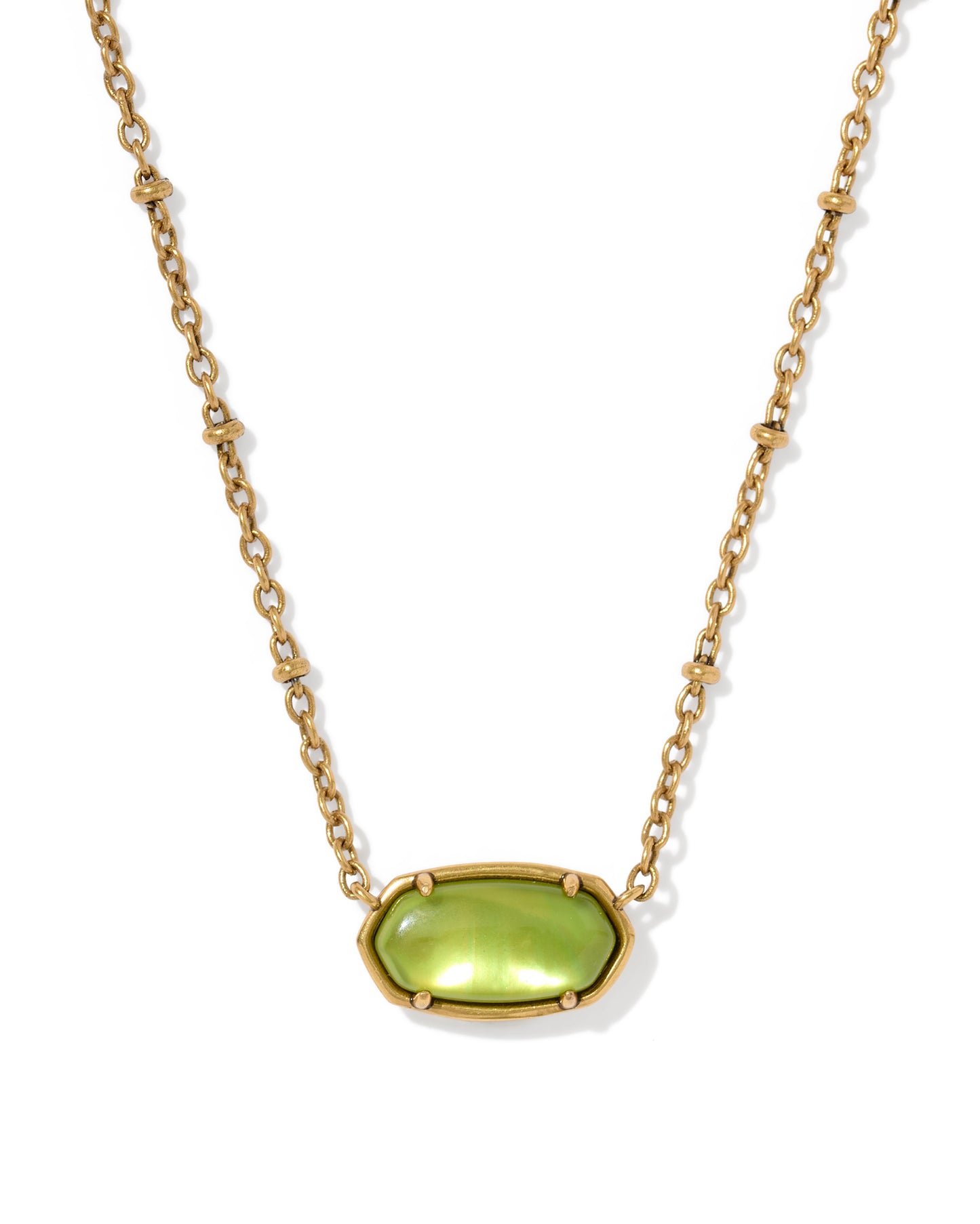 Tiger Striped Elisa Vintage Gold Short Pendant Necklace in Variegated Chartreuse Green Mother of Pearl