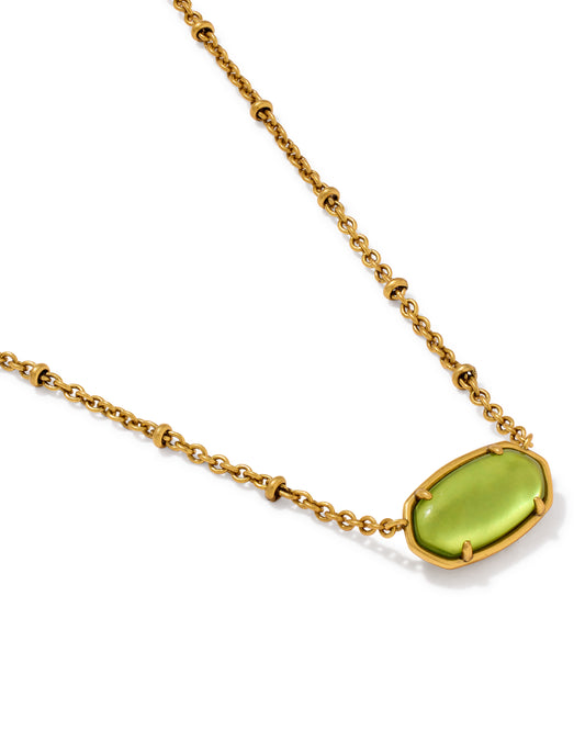 Tiger Striped Elisa Vintage Gold Short Pendant Necklace in Variegated Chartreuse Green Mother of Pearl