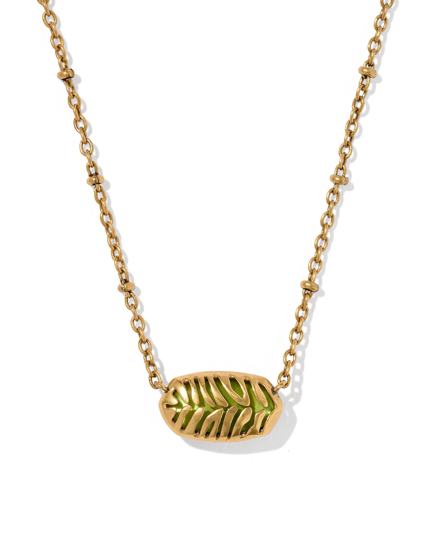 Tiger Striped Elisa Vintage Gold Short Pendant Necklace in Variegated Chartreuse Green Mother of Pearl