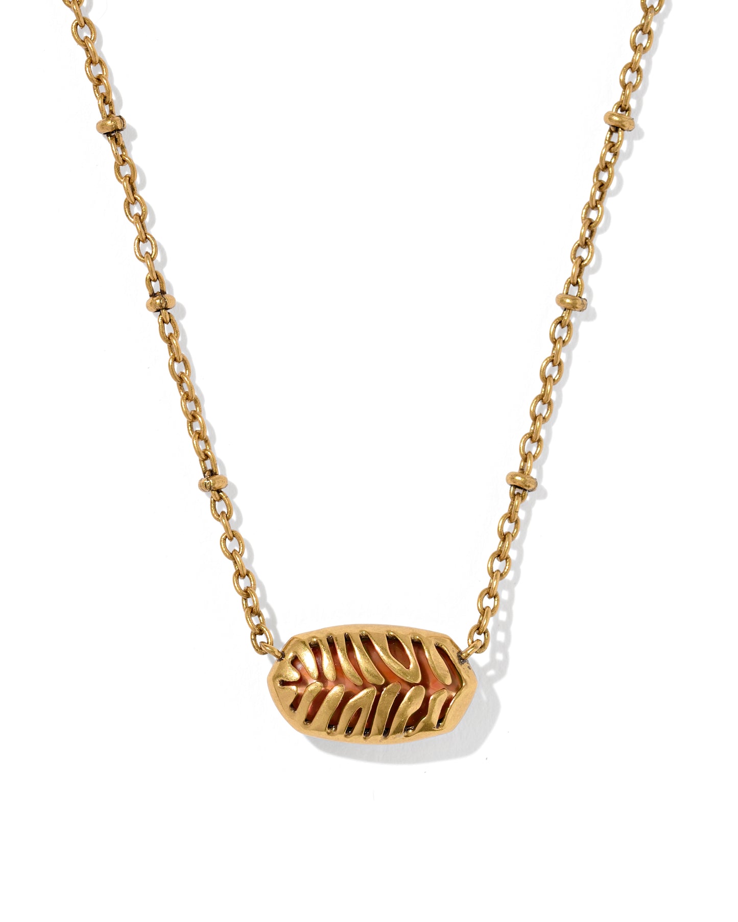 Tiger Striped Elisa Vintage Gold Short Pendant Necklace in Variegated Orange Banded Agate
