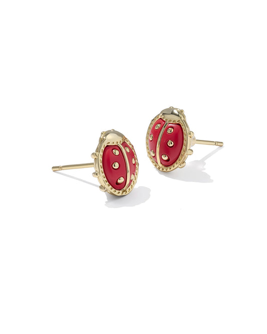 Ladybug Gold Stud Earrings in Red Vermillion Magnesite