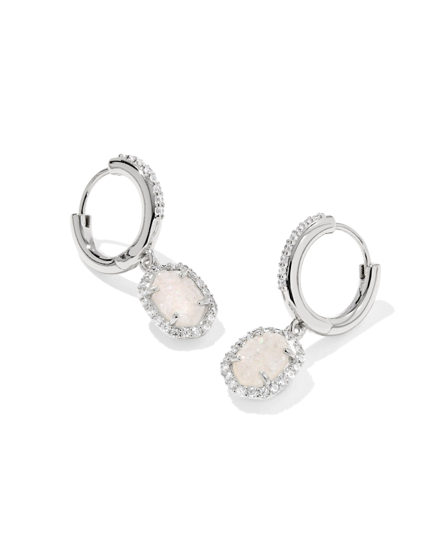 Daphne Silver Crystal Frame Huggie Earrings in Iridescent Drusy