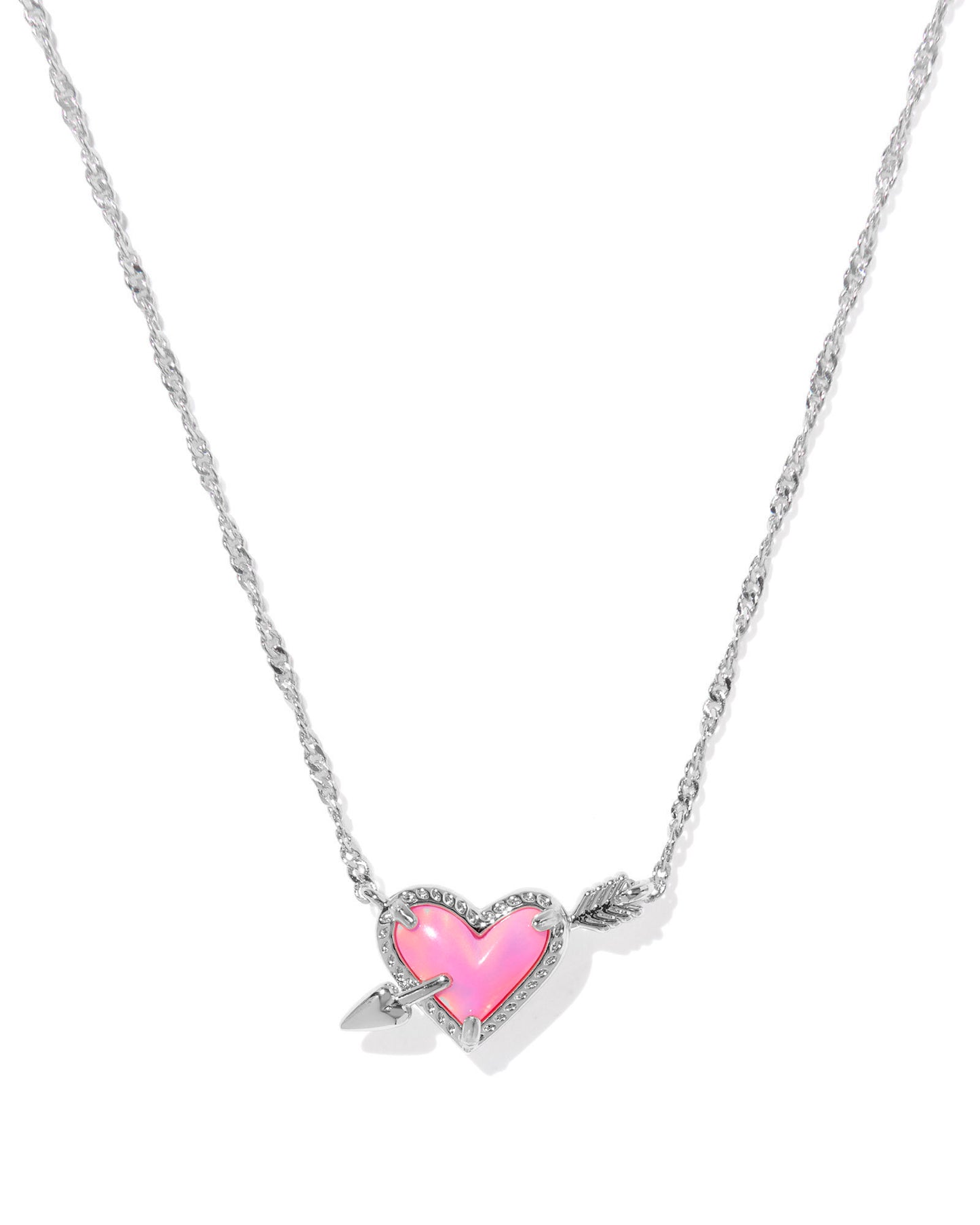 Ari Heart Arrow Silver Short Pendant Necklace in Pink Opalescent Resin