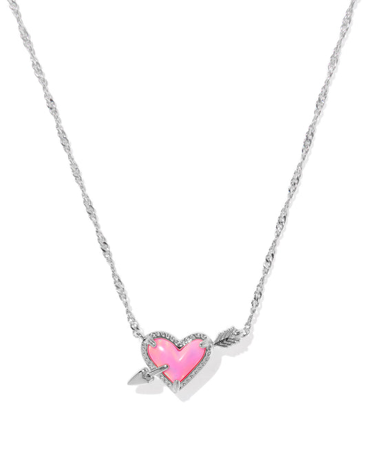 Ari Heart Arrow Silver Short Pendant Necklace in Pink Opalescent Resin