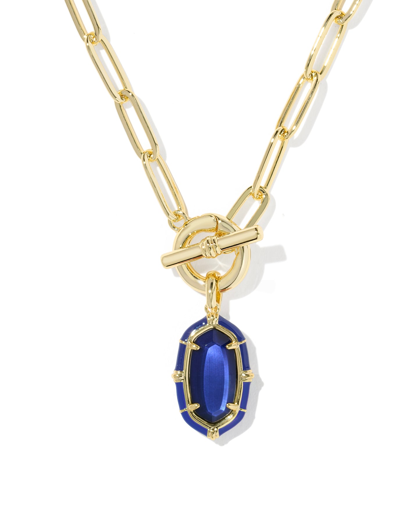 Elisa Gold Enamel Link and Chain Necklace in Navy Mother of Pearl