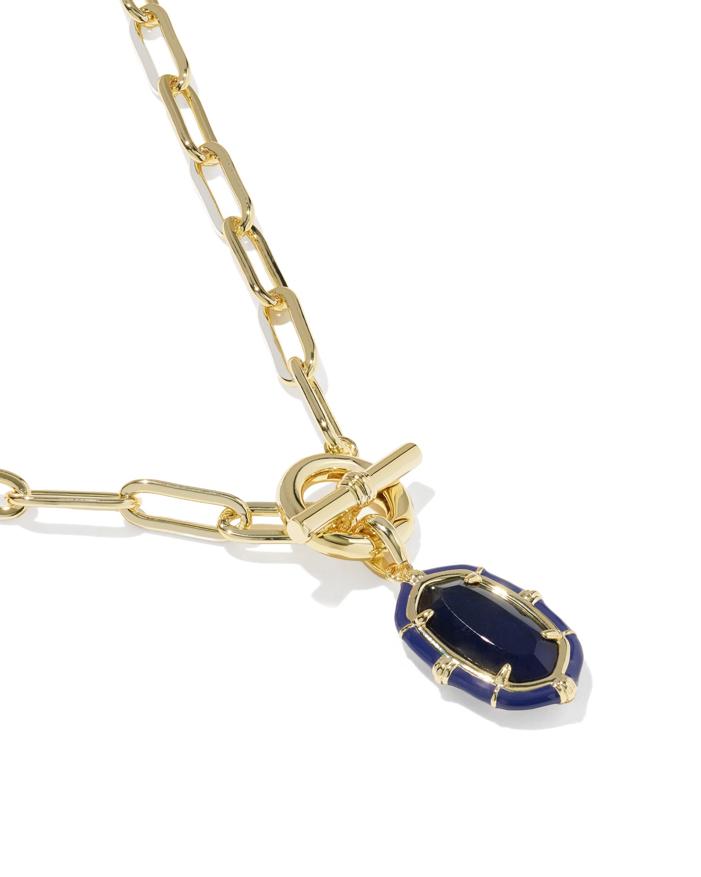 Elisa Gold Enamel Link and Chain Necklace in Navy Mother of Pearl
