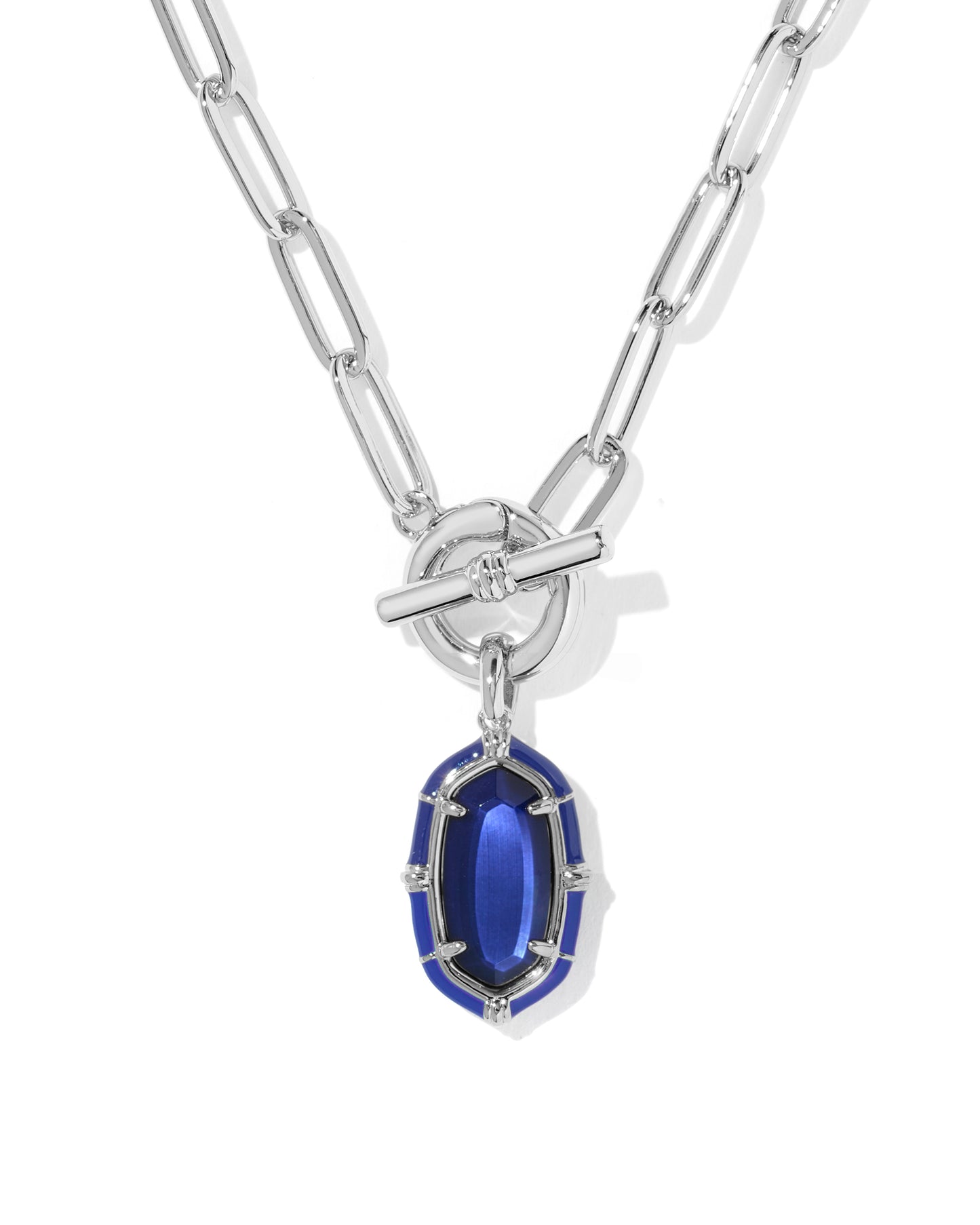 Elisa Silver Enamel Link and Chain Necklace in Navy Mother of Pearl