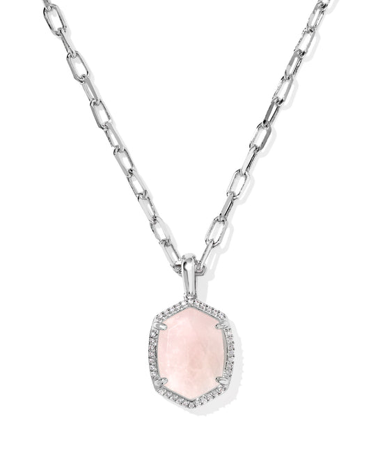 Daphne Silver Pave Frame Short Pendant Necklace in Rose Quartz