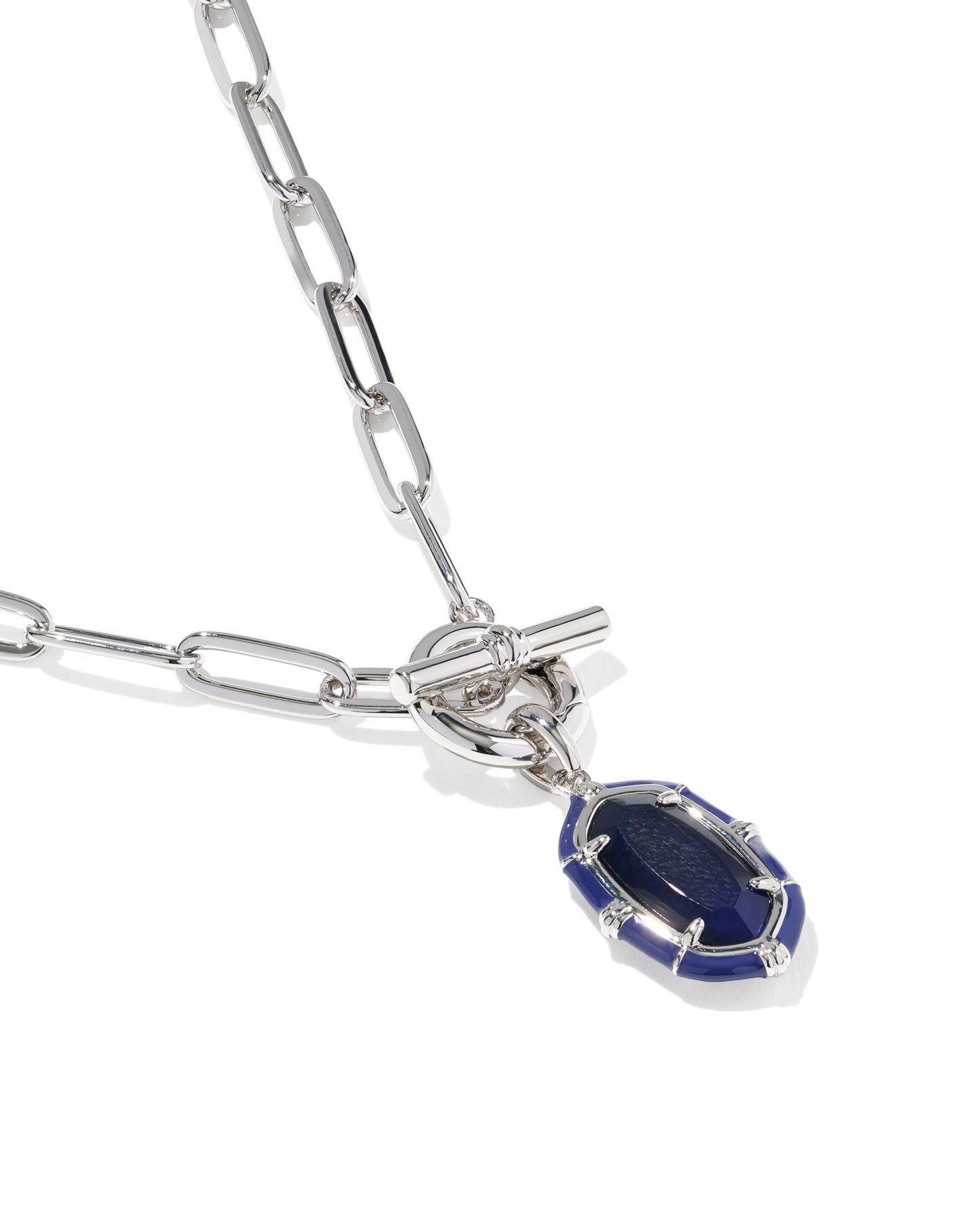Elisa Silver Enamel Link and Chain Necklace in Navy Mother of Pearl