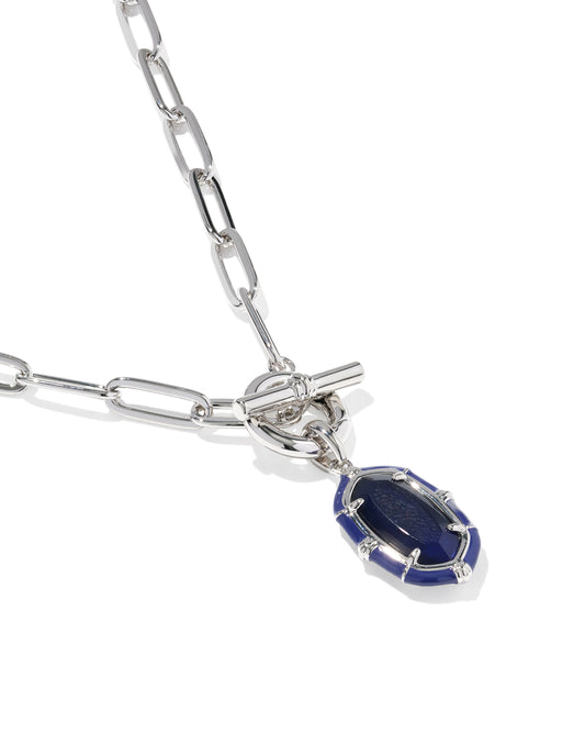 Elisa Silver Enamel Link and Chain Necklace in Navy Mother of Pearl