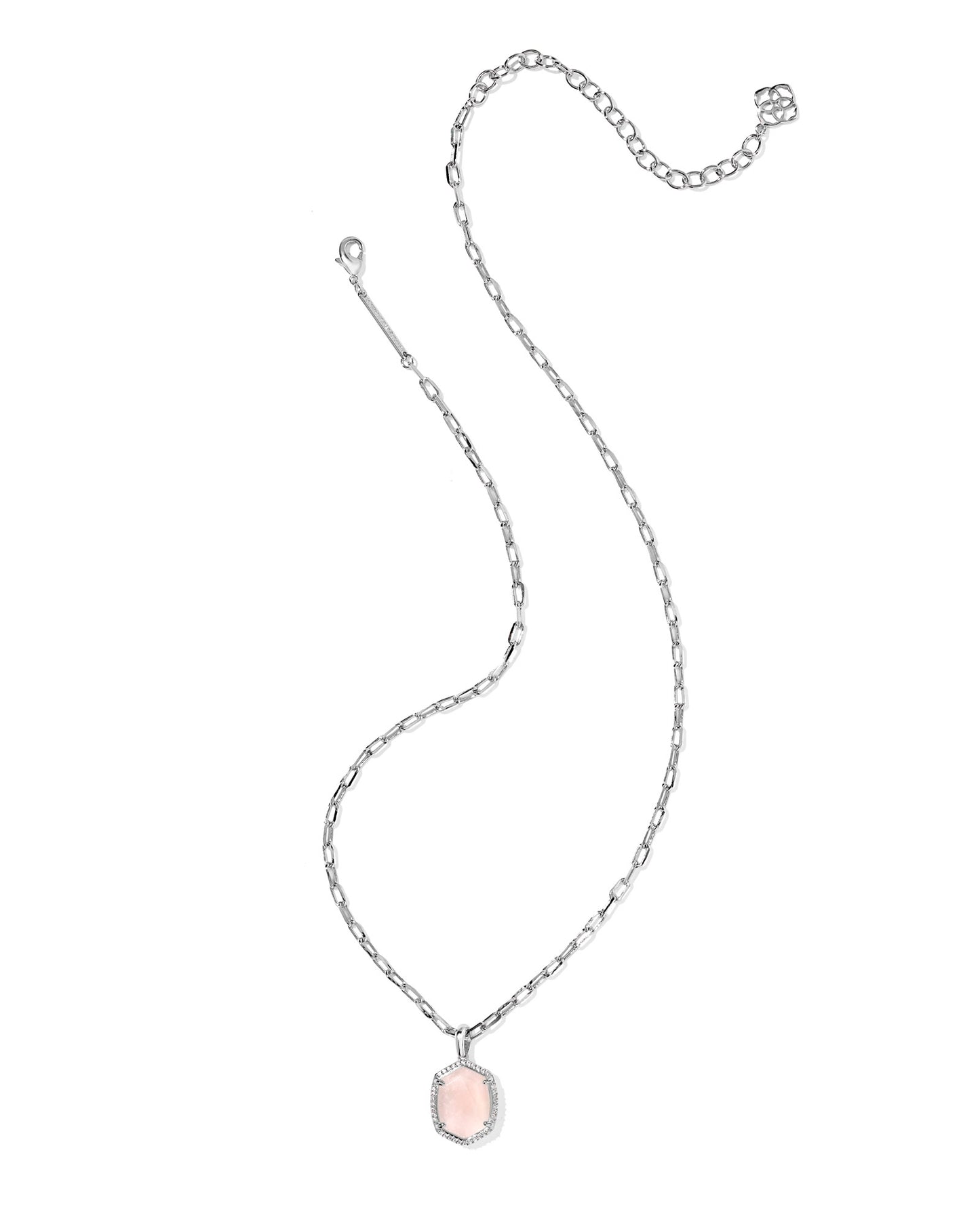 Daphne Silver Pave Frame Short Pendant Necklace in Rose Quartz