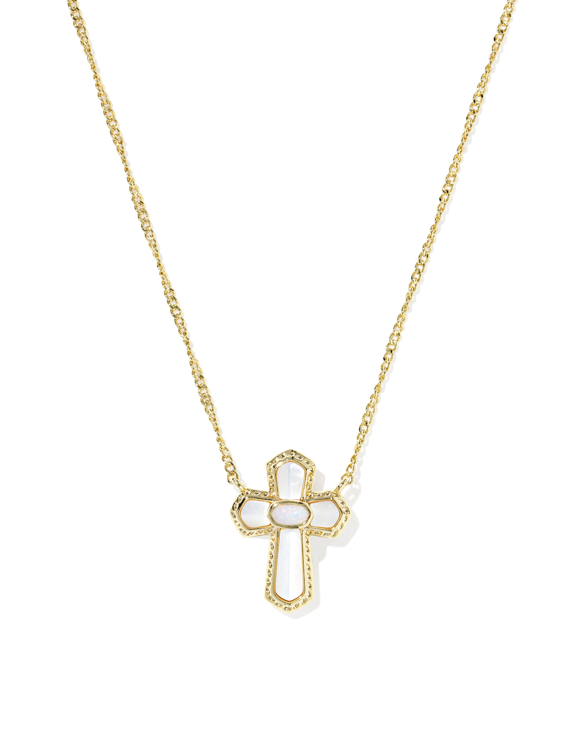 Cross Medallion Gold Short Pendant Necklace in Ivory Mother of Pearl
