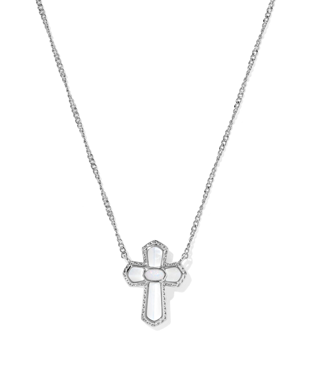 Cross Medallion Silver Short Pendant Necklace in Ivory Mother of Pearl