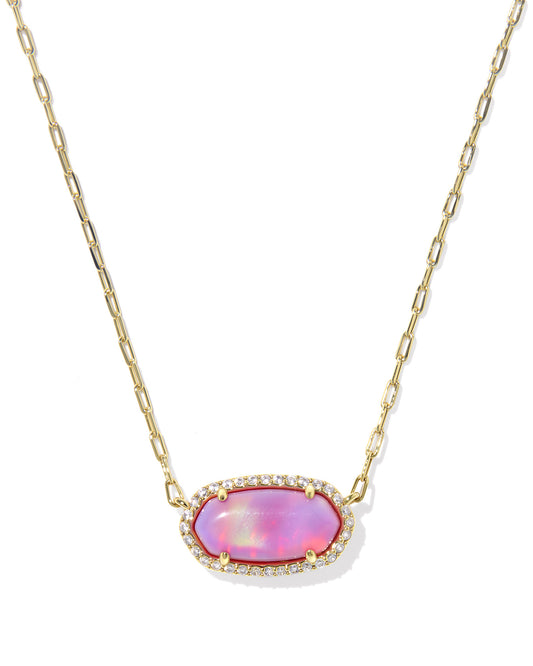 Elisa Pave Frame Gold Short Pendant Necklace in Pink Opalescent Resin