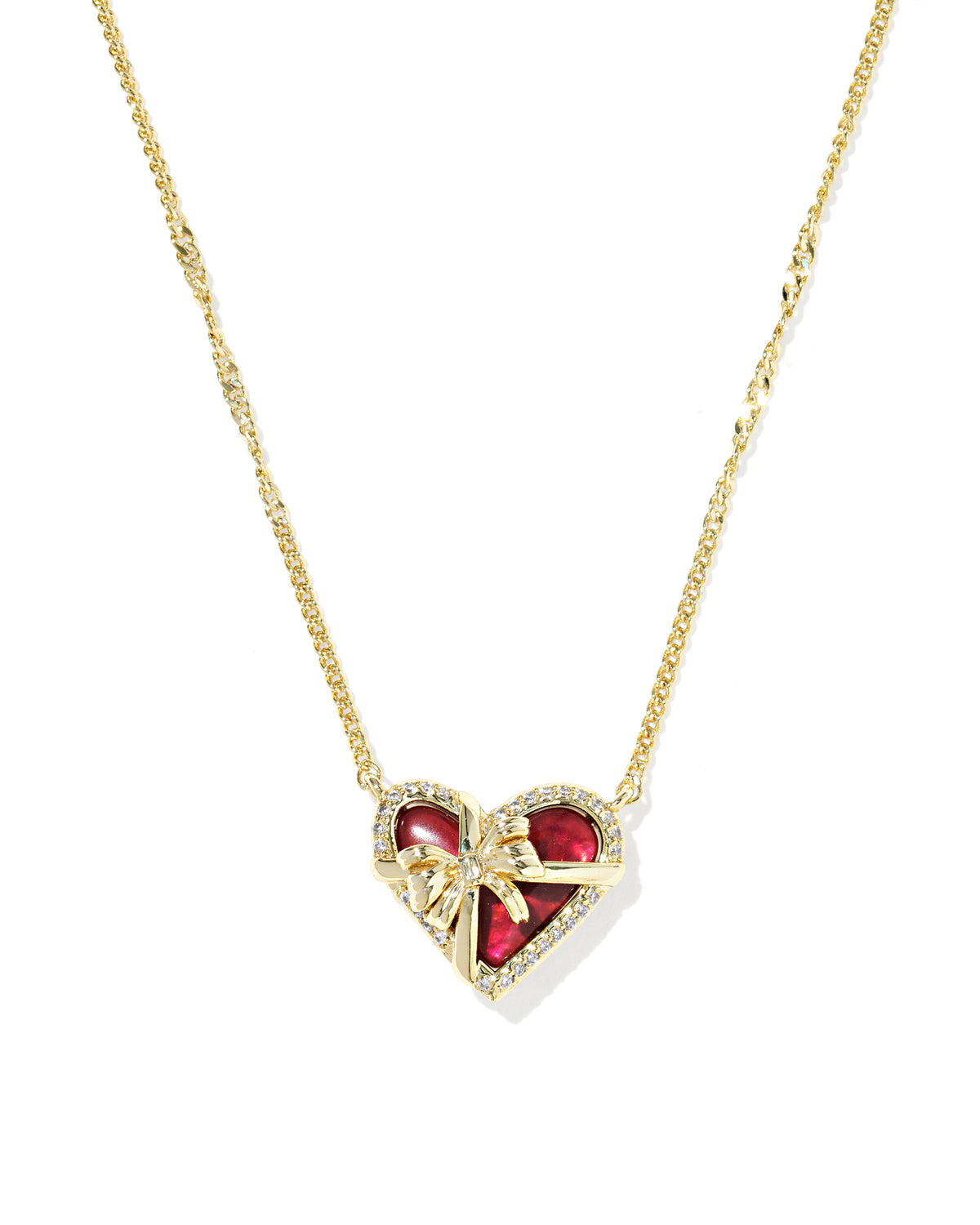 Ari Heart Bow Gold Short Pendant Necklace in Dark Burgundy Illusion