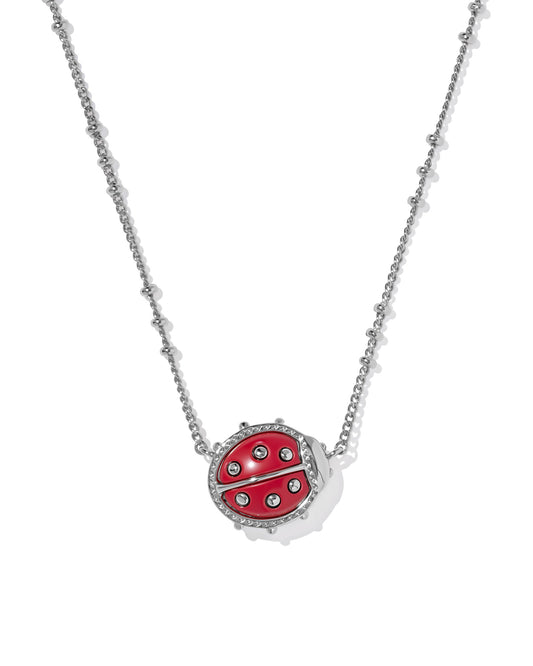 Ladybug Silver Short Pendant Necklace in Red Vermillion Magnesite