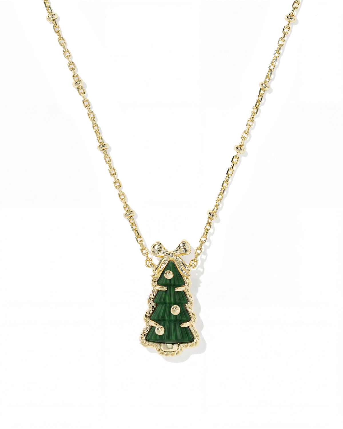 Holiday Bow Tree Gold Short Pendant Necklace in Green Quartzite