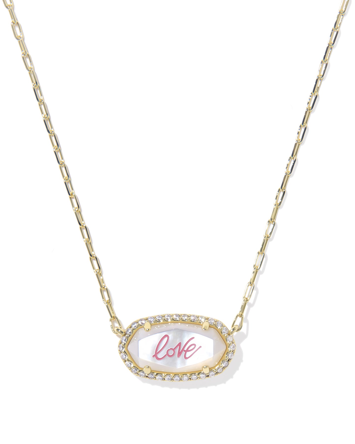 Elisa Pave Frame Gold Short Pendant Necklace in Ivory Mother of Pearl - Love Script