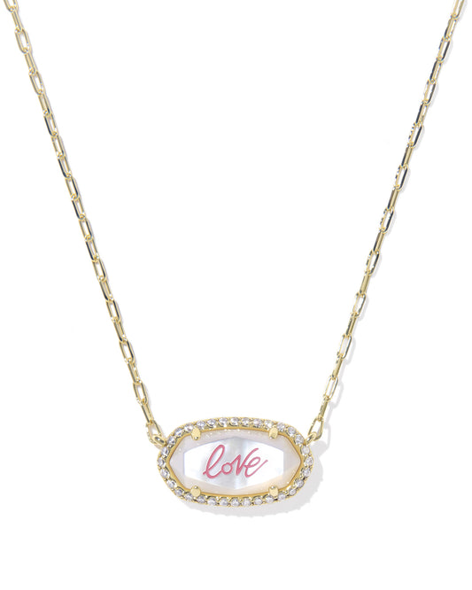 Elisa Pave Frame Gold Short Pendant Necklace in Ivory Mother of Pearl - Love Script
