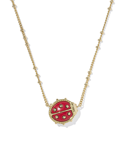 Ladybug Gold Short Pendant Necklace in Red Vermillion Magnesite