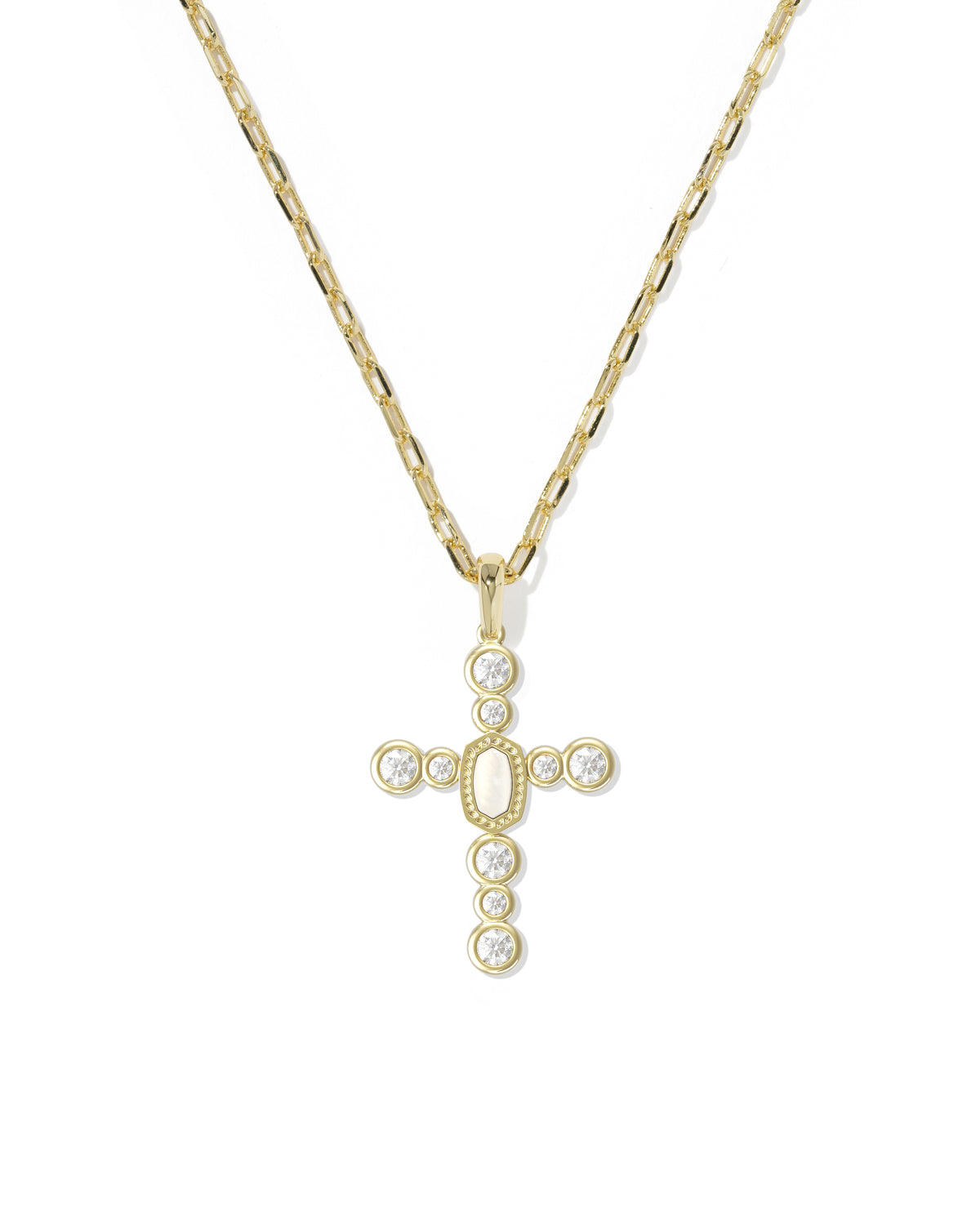 Cross Tennis Gold Short Pendant Necklace in White Mix