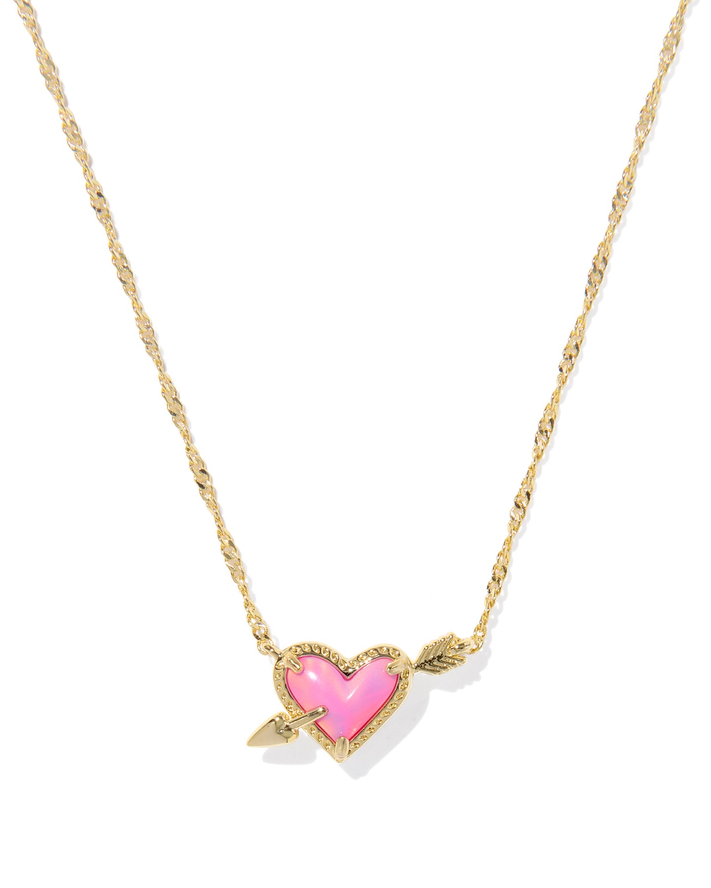 Ari Heart Arrow Gold Short Pendant Necklace in Pink Opalescent Resin