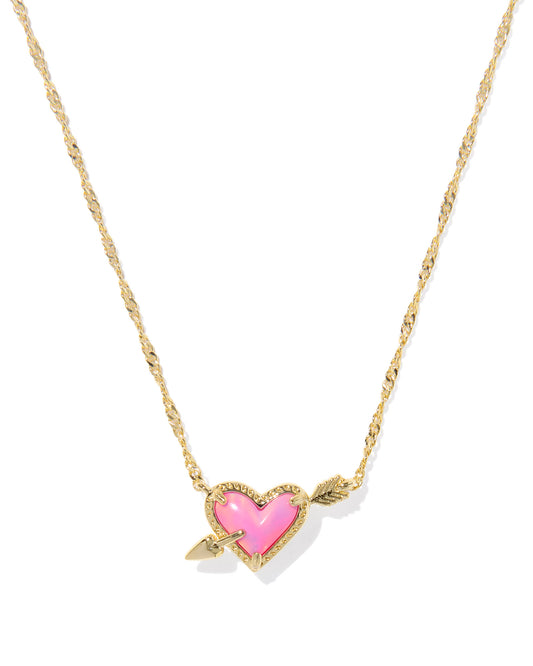 Ari Heart Arrow Gold Short Pendant Necklace in Pink Opalescent Resin