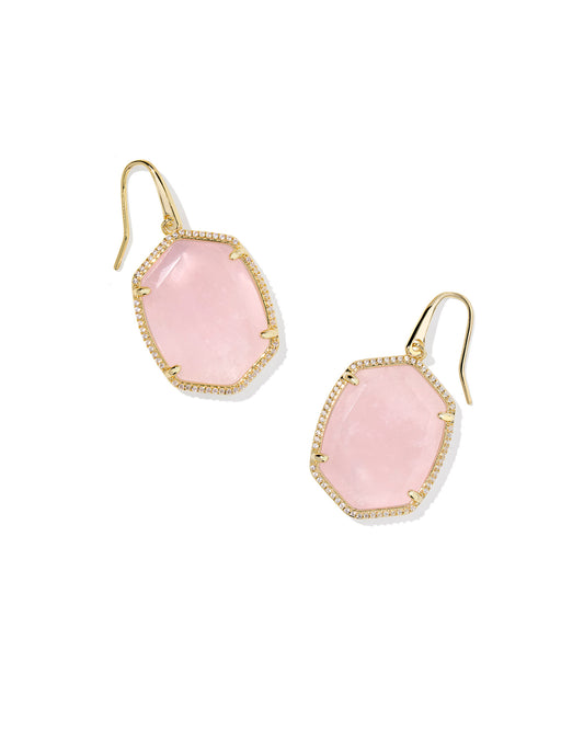 Daphne Gold Pave Frame Drop Earrings in Rose Quartz