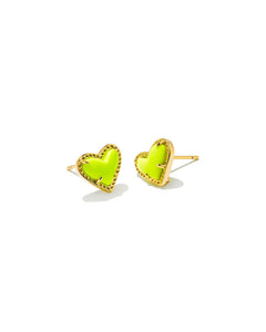 Ari Heart Gold Stud Earrings in Neon Yellow Magnesite