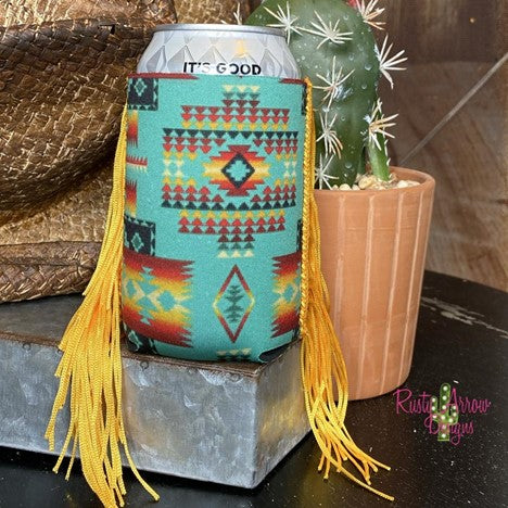 Turquoise Aztec Fringe Reg. Can Koozie