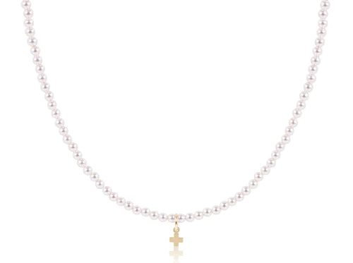 15" Choker 3mm Bead - Signature Cross Small Gold Charm - Pearl