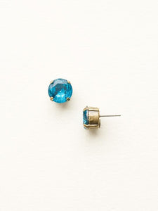 Blue Topaz Round Crystal Stud Earrings Antique Gold